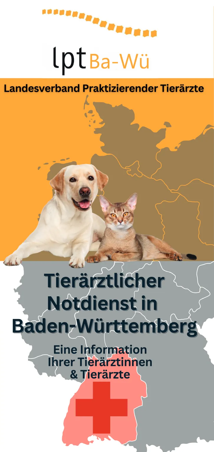 Titelseite des Flyers „Tierärztlicher Notdienst in Baden-Württemberg“ mit Hund und Katze